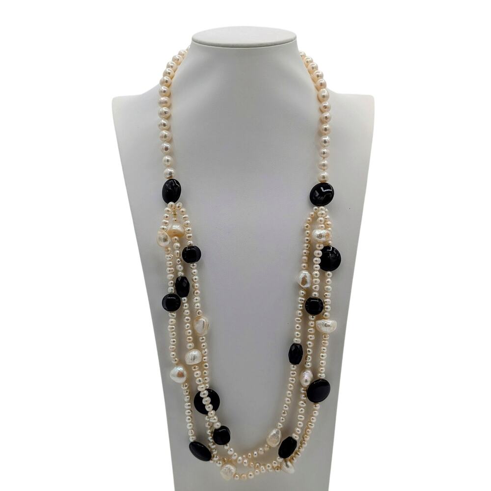 Vintage Genuine Pearl Black Stone One Strand to Three Sterling Toggle Necklace